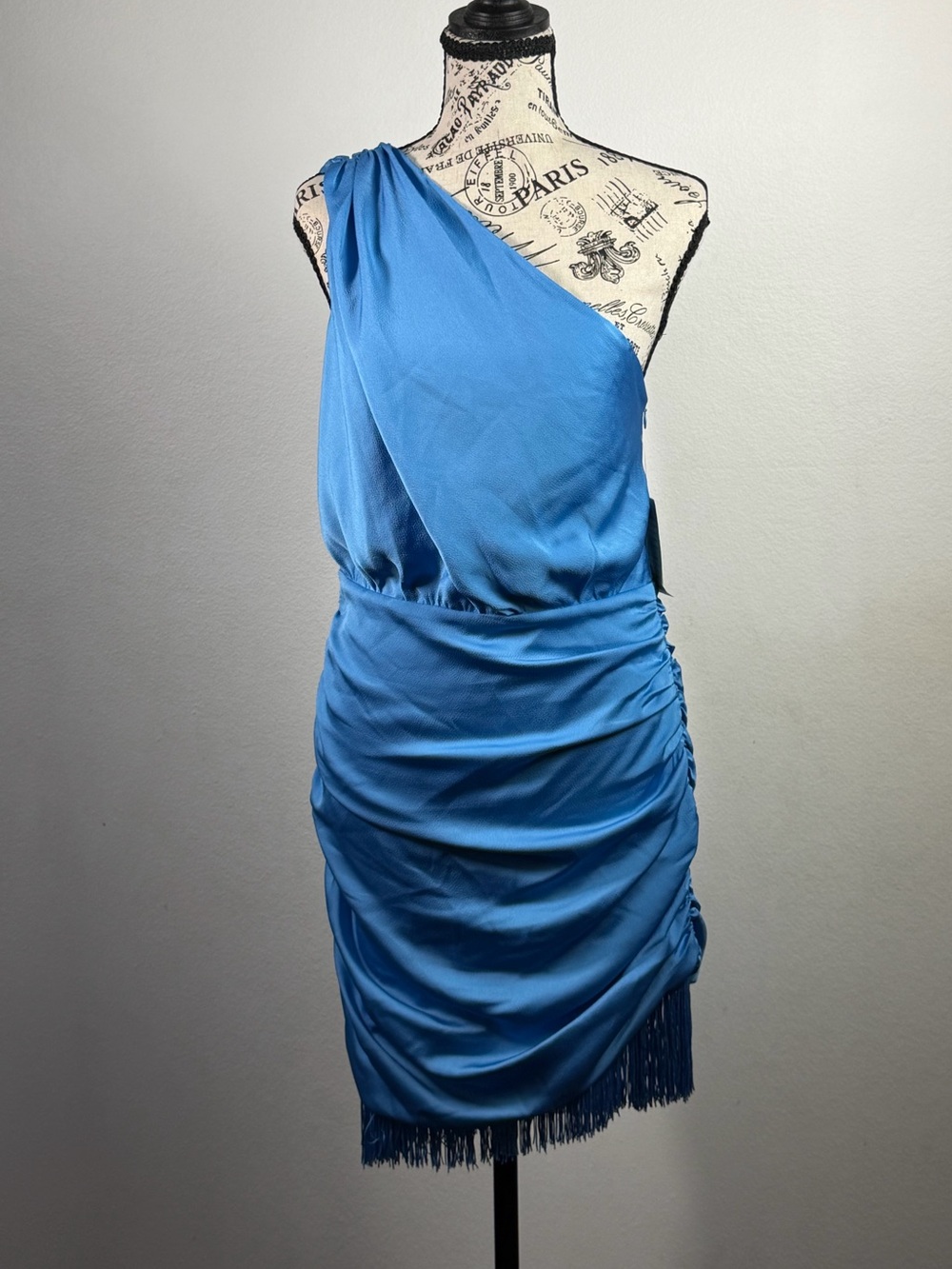 Blue Ruched One Shoulder Fringe Dress SAYLOR L NWT
